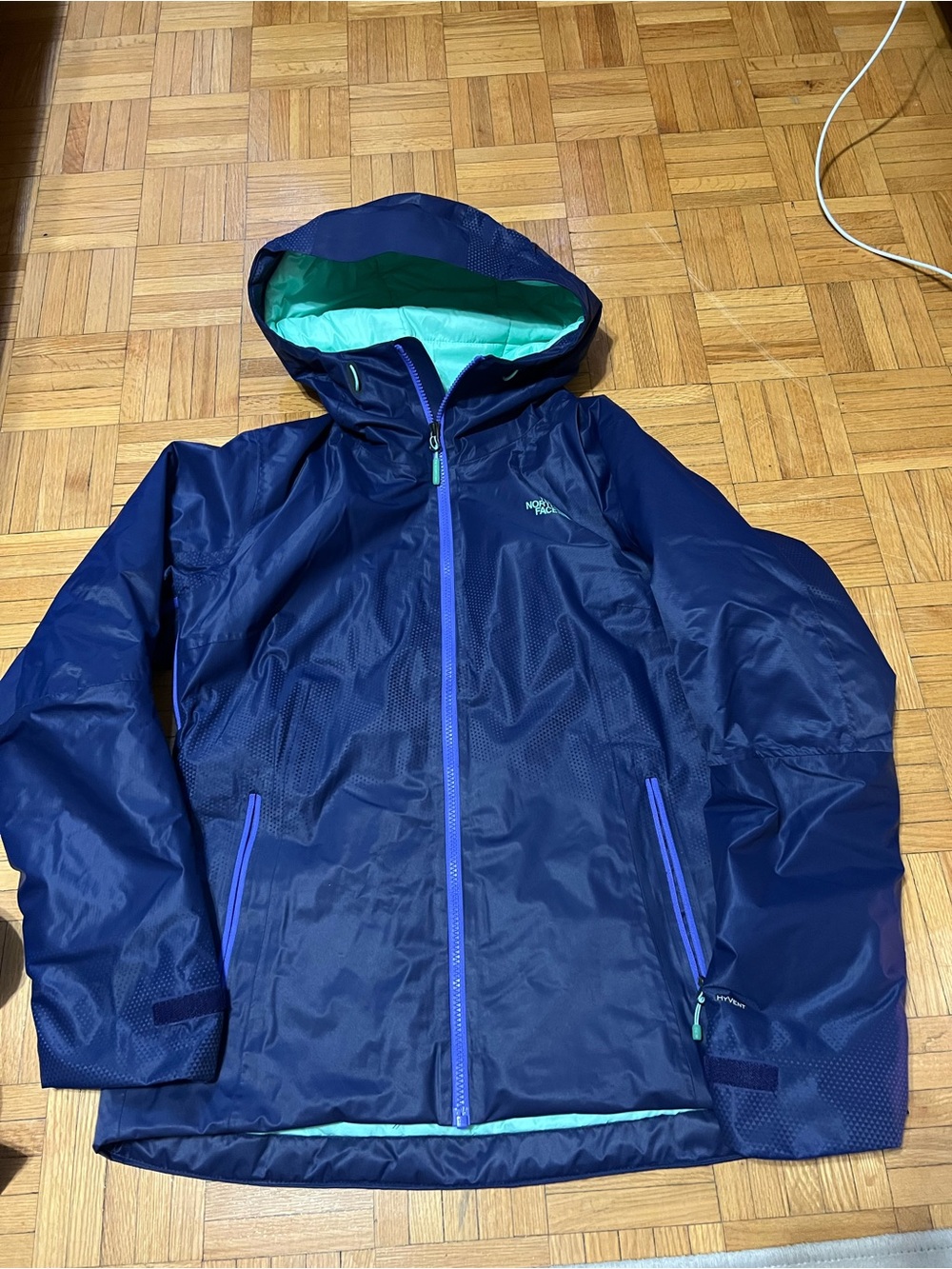 The North Face Navy Jacket with Mint Green Hood Lining